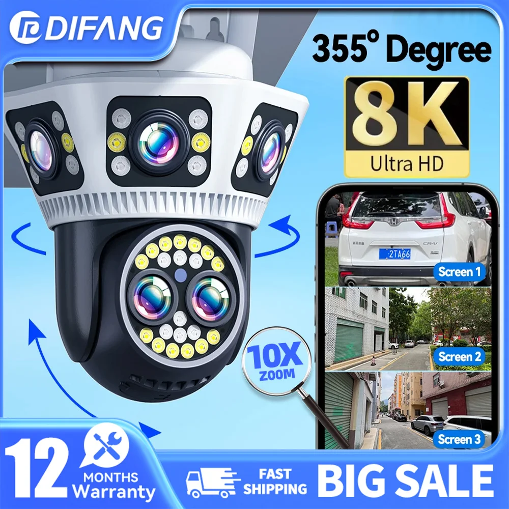 

DIFANG 8K WiFi Camera HD 10X Zoom Outdoor Night Vision 12MP Three-screen Body Detection Two-way Voice Security Surveillance CCTV