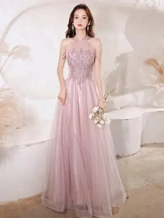 Elegante vestido de celebridad rosa con lentejuelas y cuentas, Halter con manga de borla, línea A, exquisito hasta el suelo, vestidos de noche de graduación, nuevo, 2022