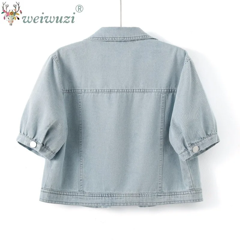 Wash Denim Coat for Women  Lace Ribbon Decoration Puff Sleeve Lapel Collar Lightweight Loose Casual Fashion Youthful Outerwear