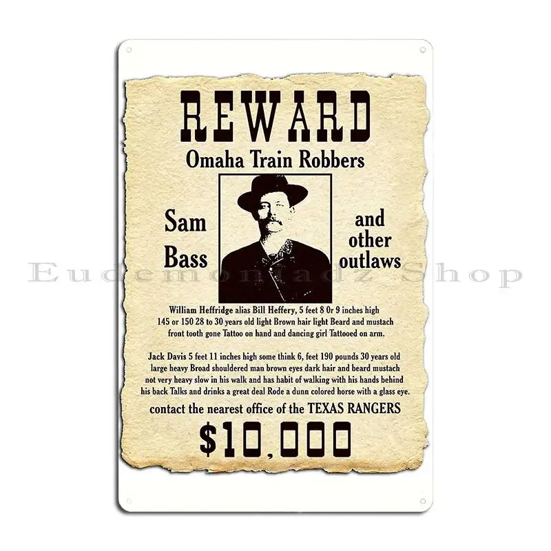 Sam Bass Gang Wanted Poster Metal Sign Garage Wall Cave Printed Club Personalized Tin Sign Poster