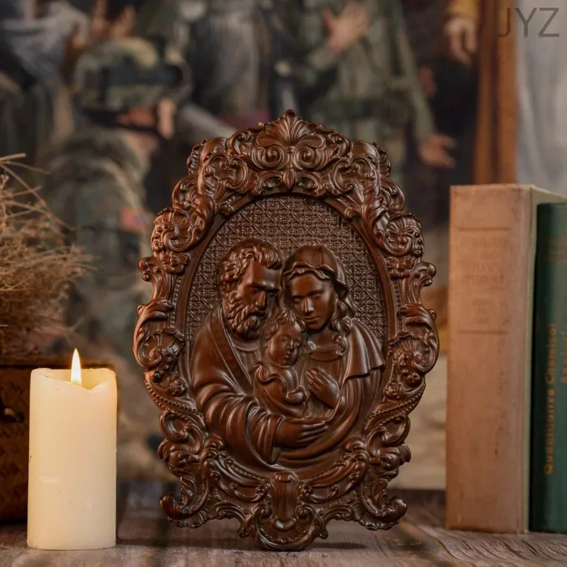Religious Holy Family Wooden Icons Catholic Home Wall Decor, Wood Carved Byzantine Icons Gifts