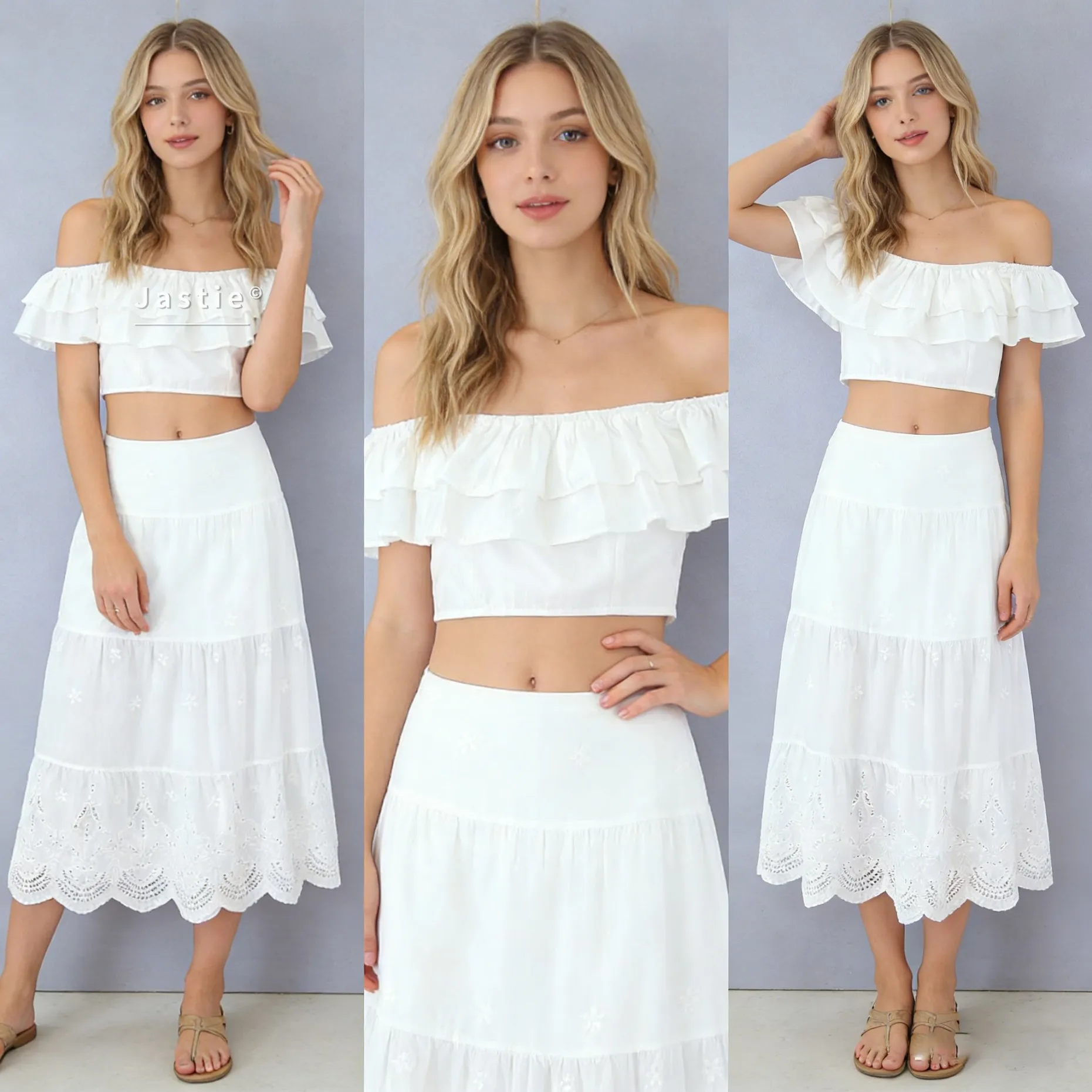 

Французский белый комплект из двух предметов: женский летний сексуальный топ с открытыми плечами и рюшами, а также макси-юбка с вышивкой и ажурными вставками, в стиле бохо, для пляжа.