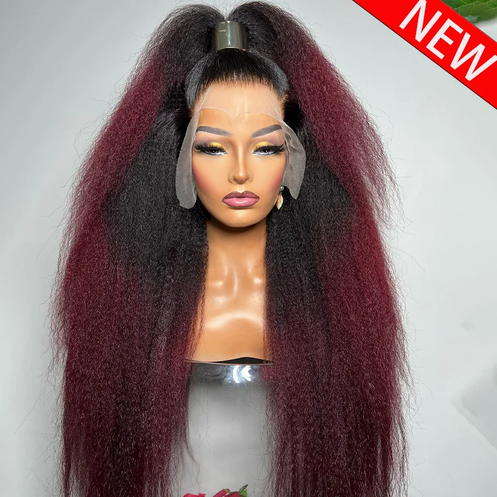 1B/99J Burgundy Kinky Straight Glueless Wig 400 Density 100% Human Hair PrePlucked For Women Wear And Go 360 HD Lace Frontal Wig