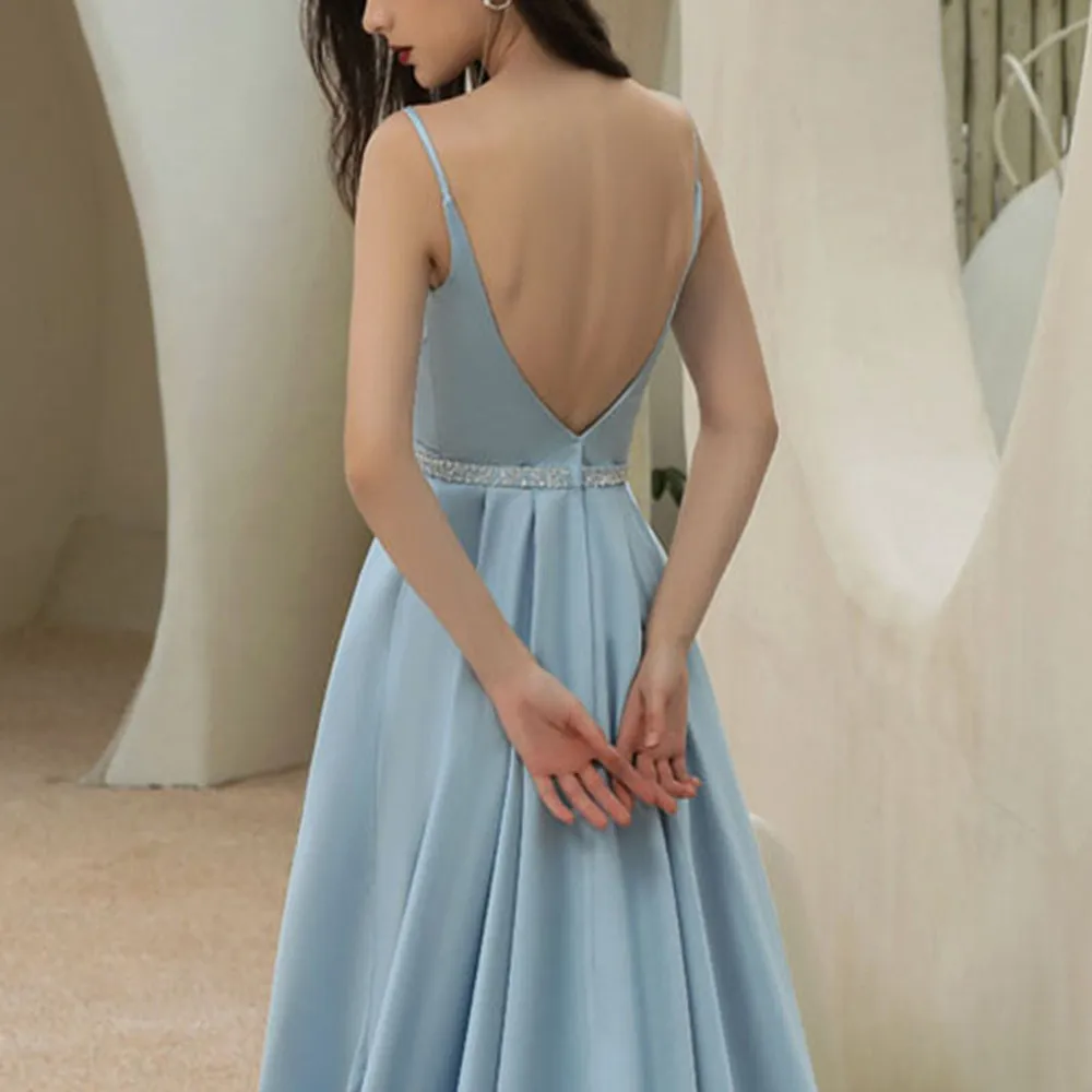 Gaun malam Formal tali Spaghetti biru, gaun pesta Prom kerah V dalam bentuk A Satin ritsleting kereta gaun Backless elegan