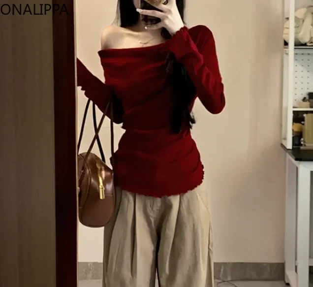 Onalippa Slash Neck Sweater Women Wood Ear Hem Flare Long Sleeves Sweaters Korean All Match Off-shoulder Knitted Pullover