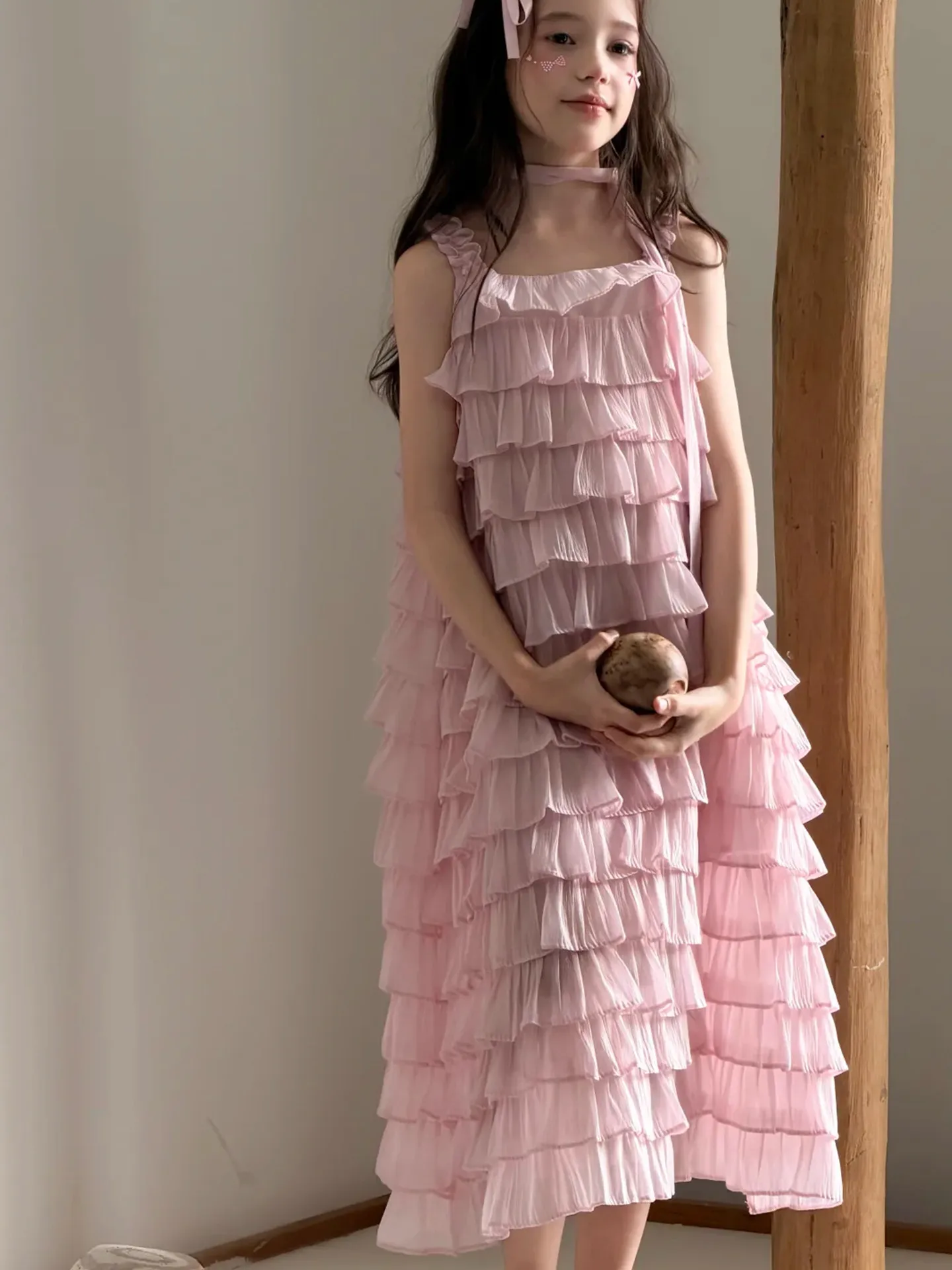 girls-summer-dress-children's-plaid-halter-thin-fashionable-pink-midi-skirt-casual-high-waist-soft-fabric-no-sleeve-round-neck
