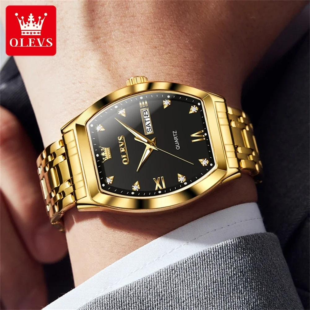 OLEVS Business Tonneau Dial Top Brand Luxury Stainless Steel Quartz Watch Men Date Clock Waterproof Wristwatch Relógio Masculino