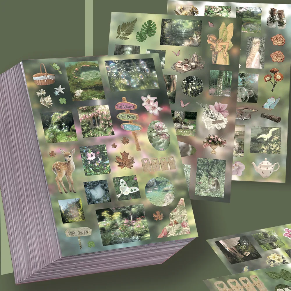 8-adesivos-de-scrapbook-floresta-verde-fada-decalques-sonhadores-e-acolhedores-material-para-embalagem-de-presentes-e-capas-de-celular