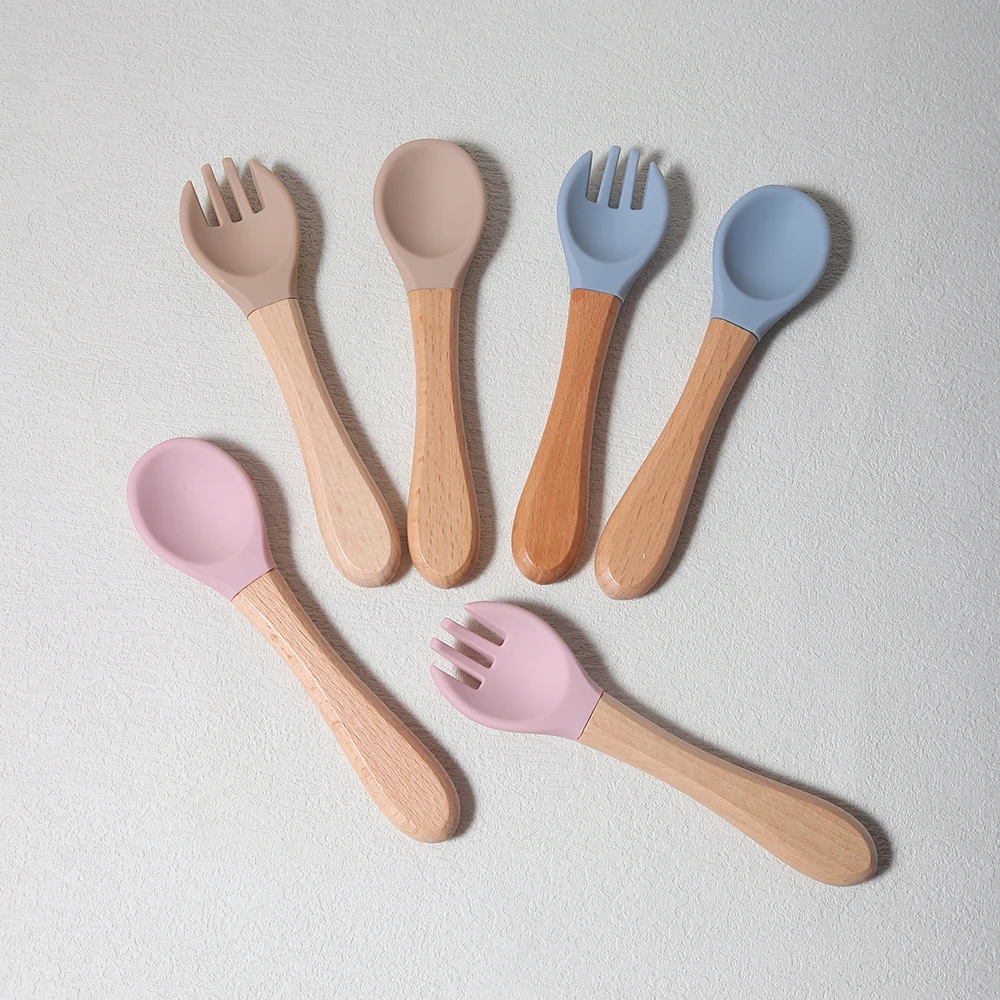 Baby Silicone Spoon and Fork with Wooden Handle Baby Training Spoon and Fork Set