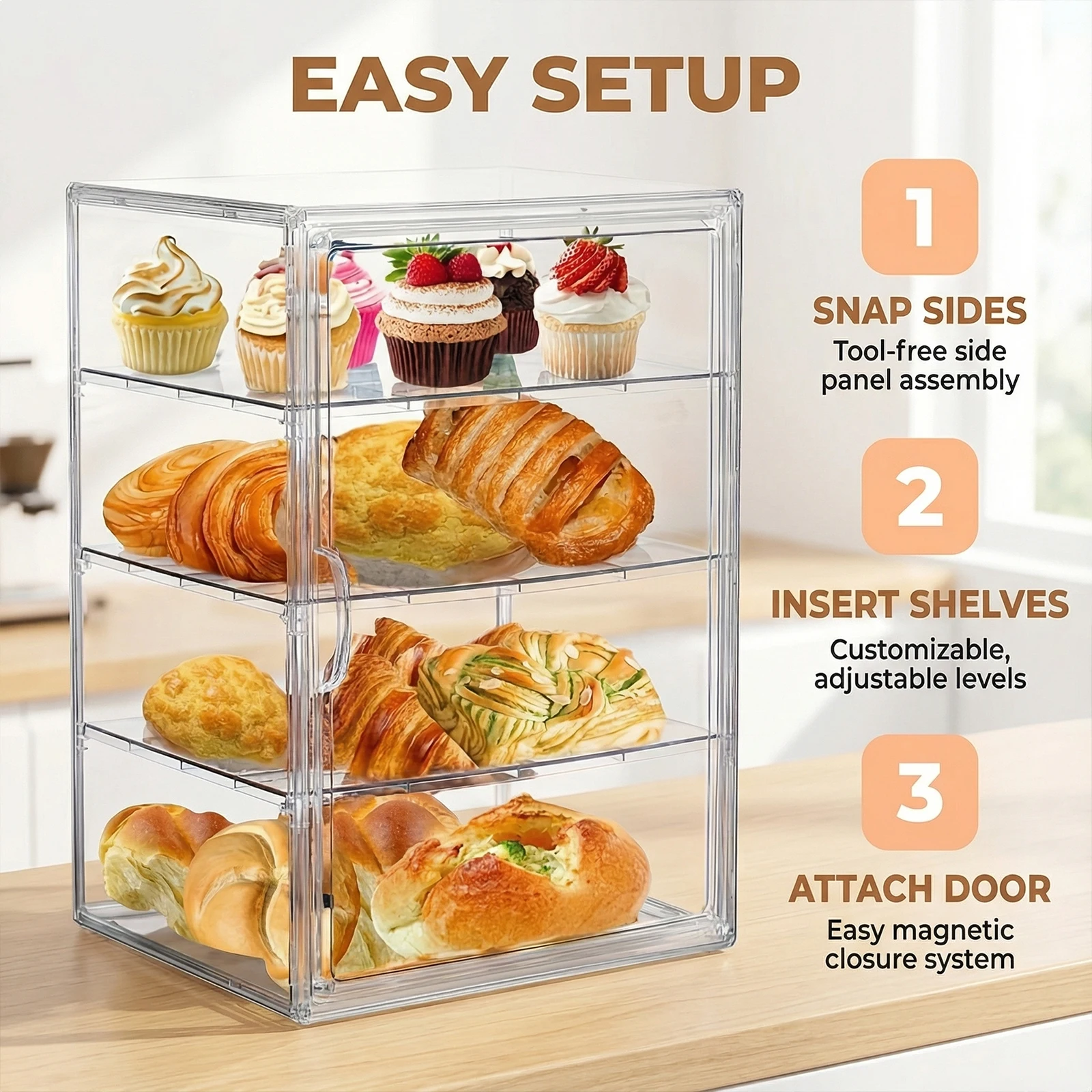 4-Layer Bakery Pastry Display Case Adjustable Acrylic Storage Organizer Countertop Showcase Stand for Party Banquet Store Donut