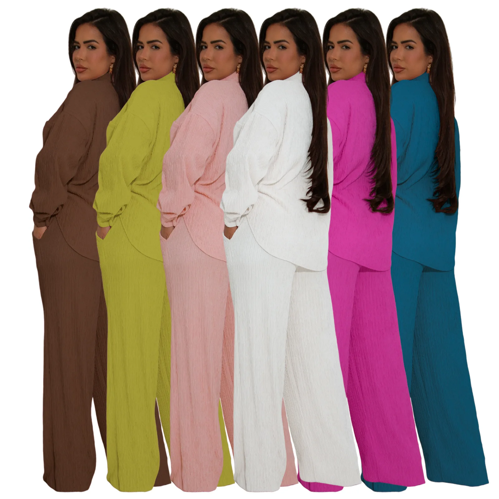 Women's Two-piece Solid Color Lapel Long Sleeved Elastic Wrinkling Strap Multi Pocket Swing Leg Pants Wide Leg Pants Set