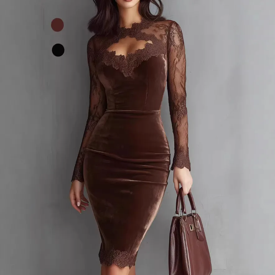 

Elegant Women's Slim Dresses Sexy See Through Lace Long Sleeve Patchwork Package Hip Velvet Dress Temperament Bodycon Female