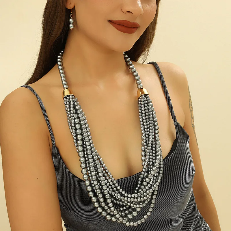African Style Multi-Layer Plastic Bead Jewelry Set Chokers Necklace Colorful Bohemian Necklace Earrings Set Party Jewelry