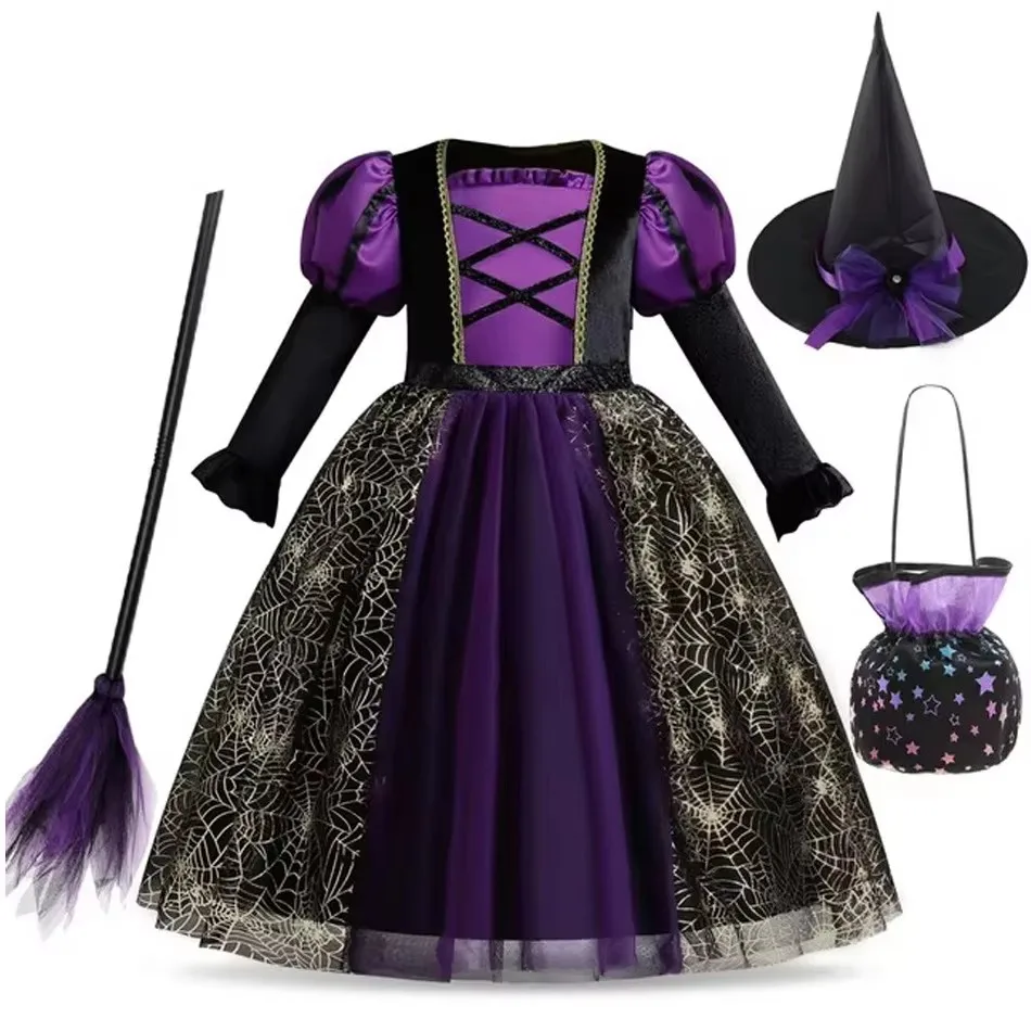 Schwarzes Hexenkostüm für Mädchen, Halloween-Kostüme, Karnevalsparty, Bühnenauftritt, Kinderkleid, Langarm-Outfit, 3 4 5 6 7 Jahre – Detail 6
