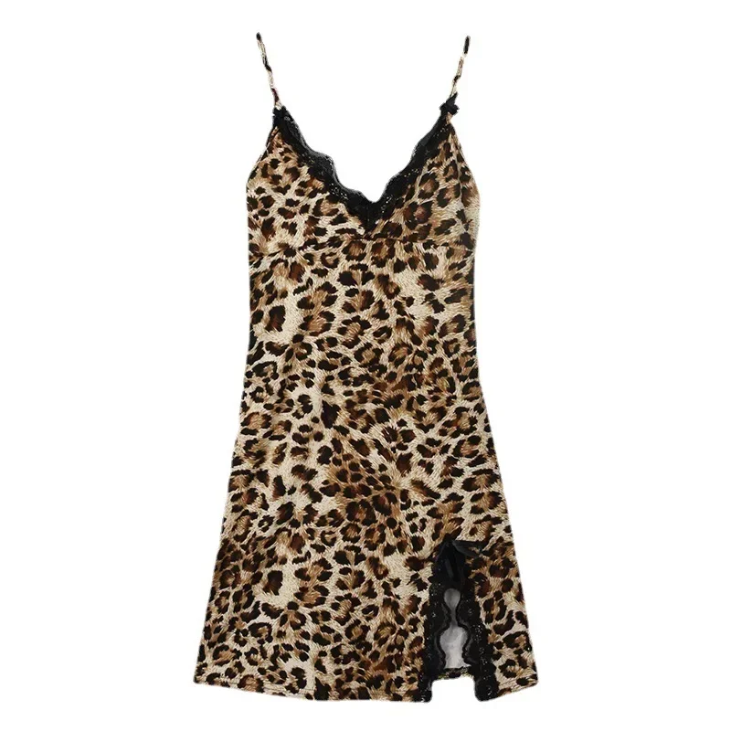 Hot Sale Sexy Spaghetti Strap Lace Bow Sleep Dress Leopard Camisole Nightgown DressWomen Sleepwear Fun Lingerie Slit Nightdress