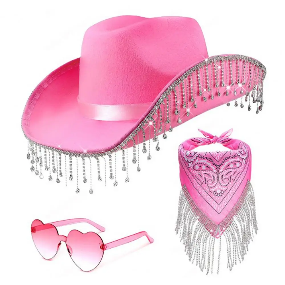 Stage Performance Hat Bling Cowboy Hat Sparkling Rhinestone Tassel Cowgirl Cowboy Hat Set with Heart Shape Sunglasses Bandanas