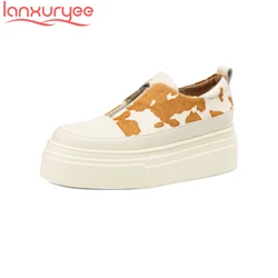 Lanxuryee crine di cavallo tacchi alti piattaforma Casual primavera scarpe vulcanizzate da donna mocassini Luxury Leopard Print Sneakers da donna di marca