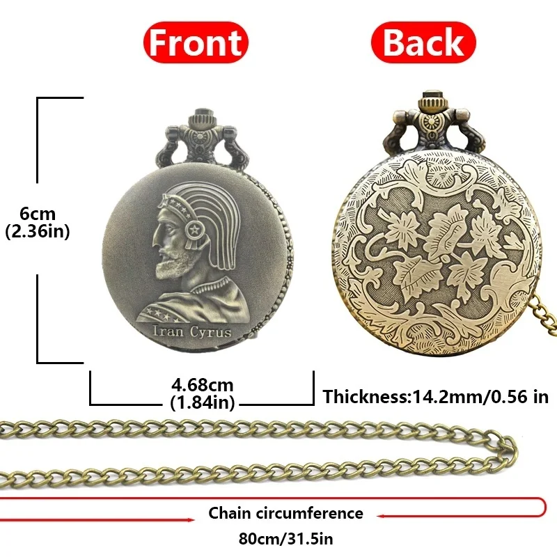 Retro Perunggu Steampunk Persia Lran Cyrus Terukir Flip Kuarsa Anak Laki-laki dan Perempuan Kalung Koleksi Jam Saku Peringatan