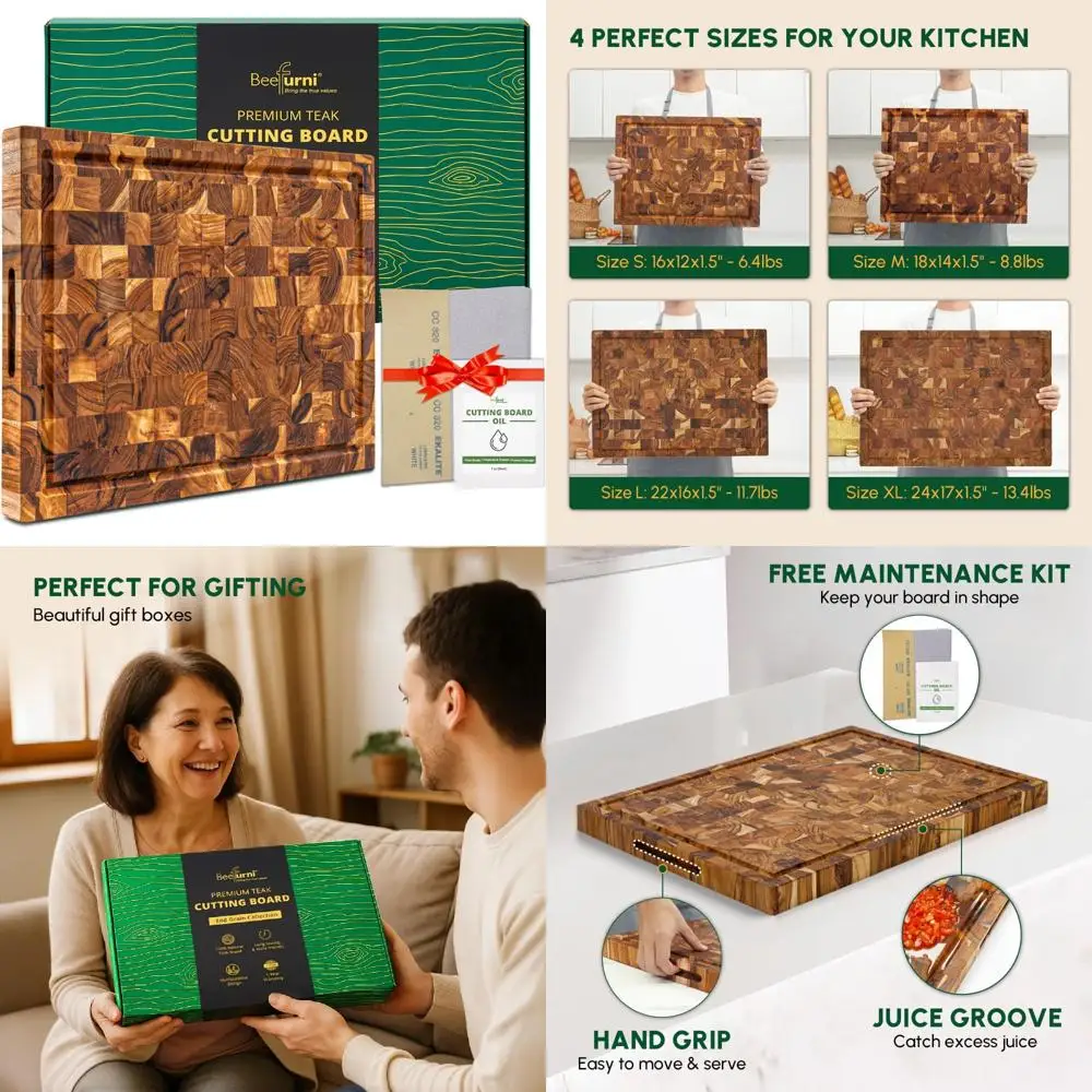 

Teak Wood End Grain Cutting Board, Large 18x14x1.5 Kitchen Chopping Board with Juice Groove and Hand Grip for Charcuterie and Me