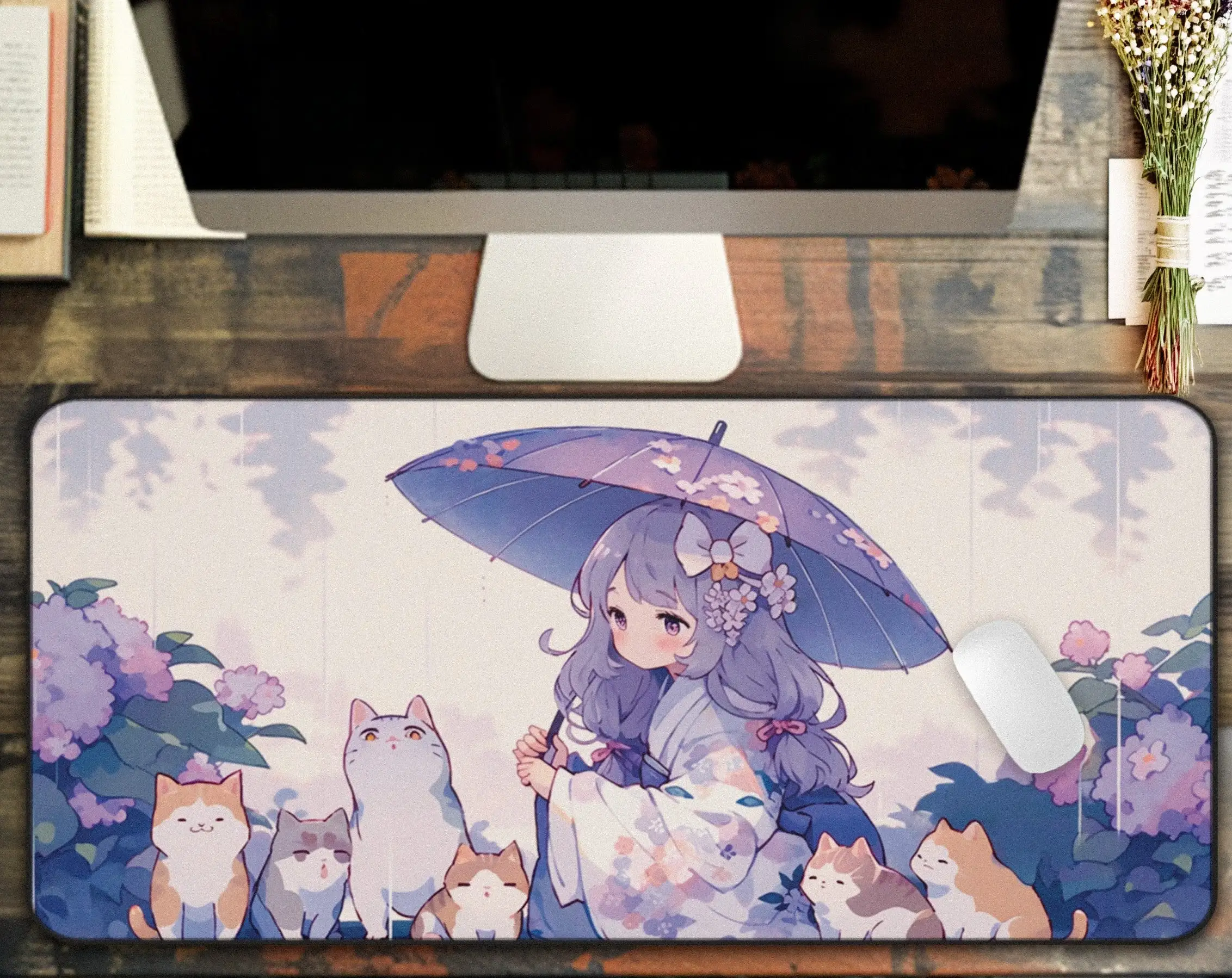 Cute Rainy Day Deskmat,super Adorable Purple Anime Mousepad,girl and Cat Pattern,comfortable Large Gaming Mat,desktop Decoration