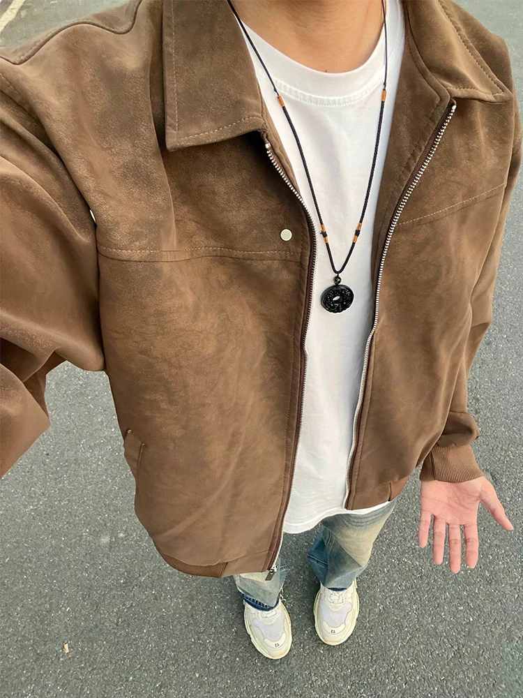 

Коричневый мужской джерт из искусственной кожи, весенне-осенний модный брендовый элитный крутой дэт-стойка, подходит для декора на пуговицах