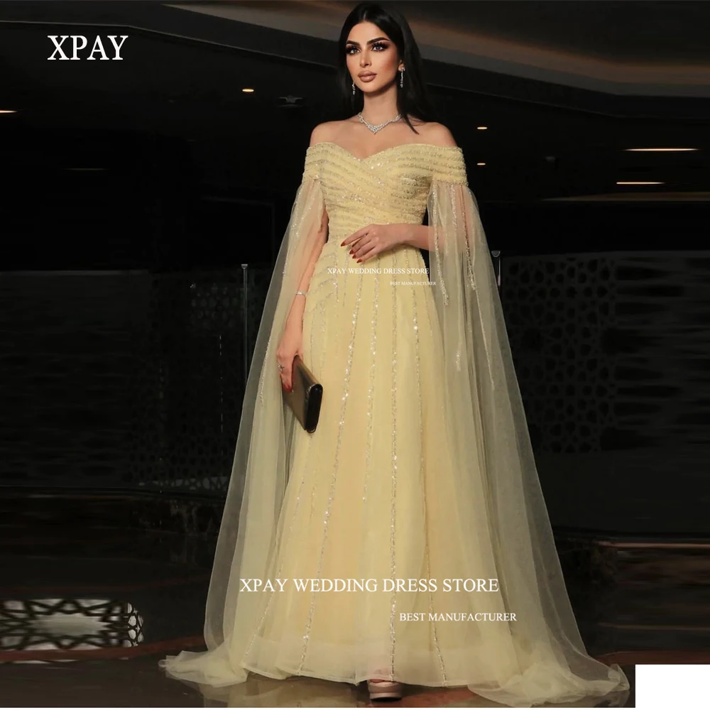 

XPAY Sparkly Glitter Yellow Lace Tulle Prom Dresses Saudi Arabic Women Long Cape Sleeves Off the Shoulder Evening Gowwns Sexy