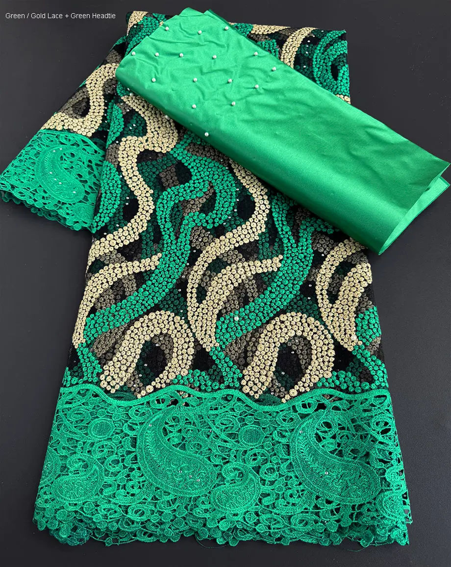 

Combination of African Lace And Head Scarf 5 Yards Embroidered French Lace Matching Nigerian Headtie Shawl Wrapper Jacquard Gear