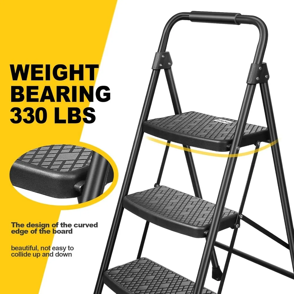 3 Step Ladder, Collapsible Non-Slip Treads Sturdy Steel Ladder, Portable Home Step Stool, Safe and Comfortable Handrail