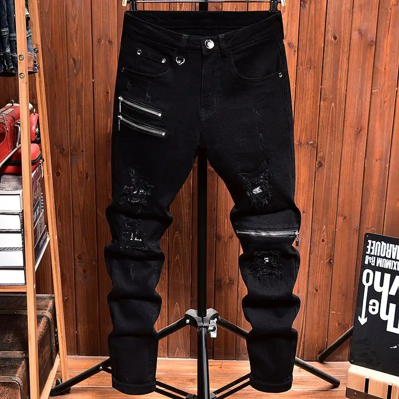 

2025 Jeans Men's Spring Autumn Versatile Korean Black Elastic Slim Small Feet Zipper Pants Autumn Cowboy Man Pants Design Jeans