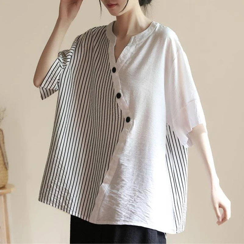 Women Striped Patchwork Streetwear Oversized Asymmetrical Shirts Summer Trendy V Neck Short Sleeve Blouse Casual Linen Tops Ropa