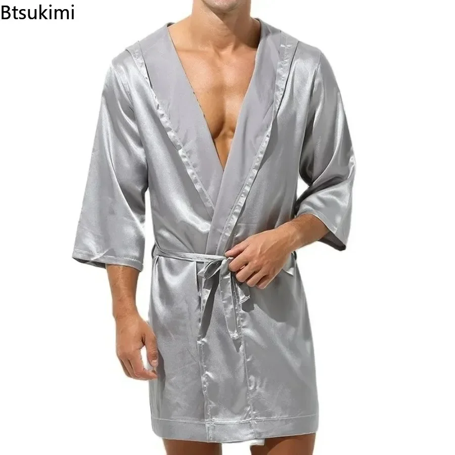 Roupões masculinos de cetim de seda com capuz, roupão longo casual de meia manga, roupa de dormir, roupão de noite para homens