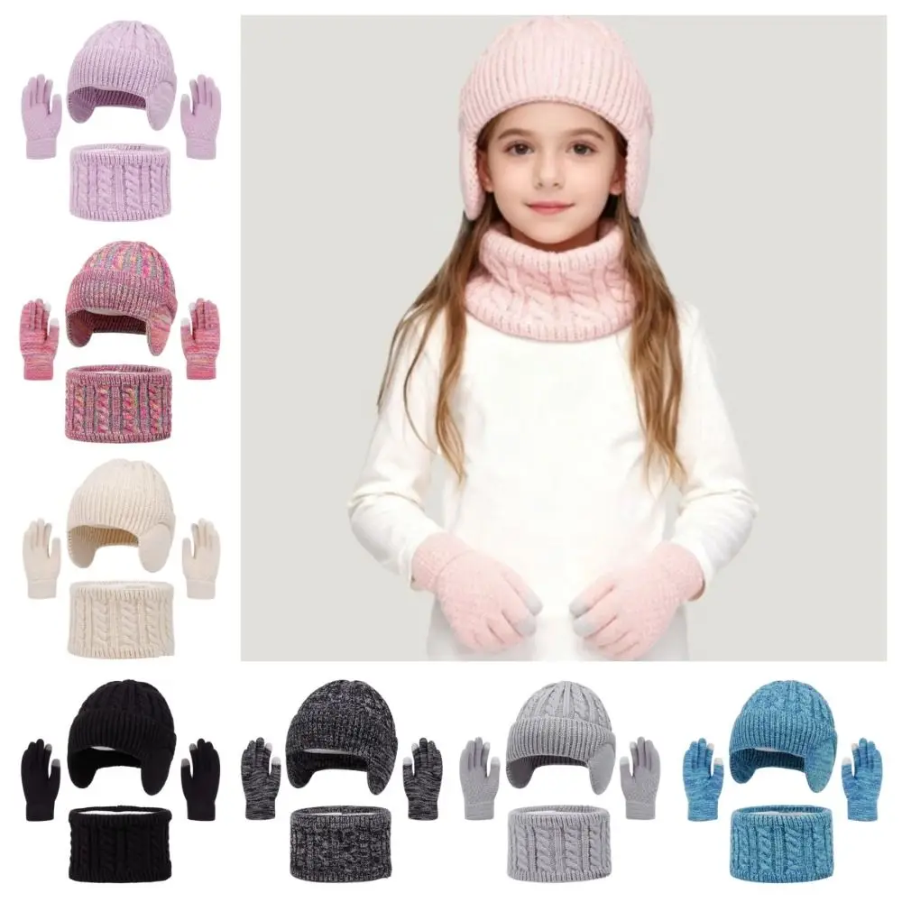 

New Winter Hat Scarf Gloves Set Warm 3-10Y Toddler Bonnet Windproof Thicken Ear Protection Knitted Hats Children's Outdoor