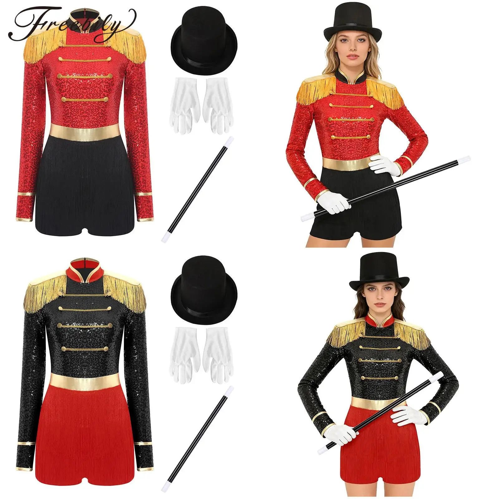 

Womens Magician Fancy Dress Circus Ringmaster Costume Lion Tamer Roleplay Party Outfit Cosplay Showman Bodysuit Majorette Outfit