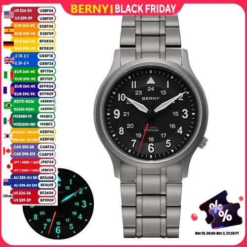 Relojes BERNY de titanio completo para hombre, reloj de pulsera de piloto de campo de cuarzo para exteriores para hombre, reloj de pulsera VH31 de zafiro superluminoso, reloj de fácil lectura
