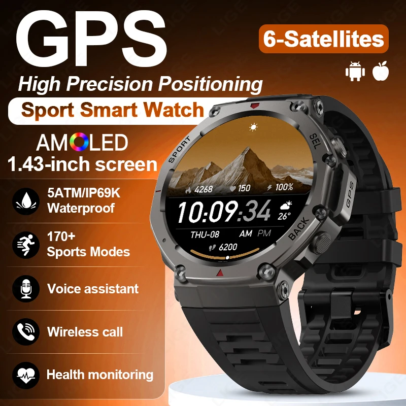 GPS Smart Watch AMOLED 5ATM Waterproof Built-in Dual-band GNSS Compass Military Sport Fitness Smartwatch Men New For Android IOS