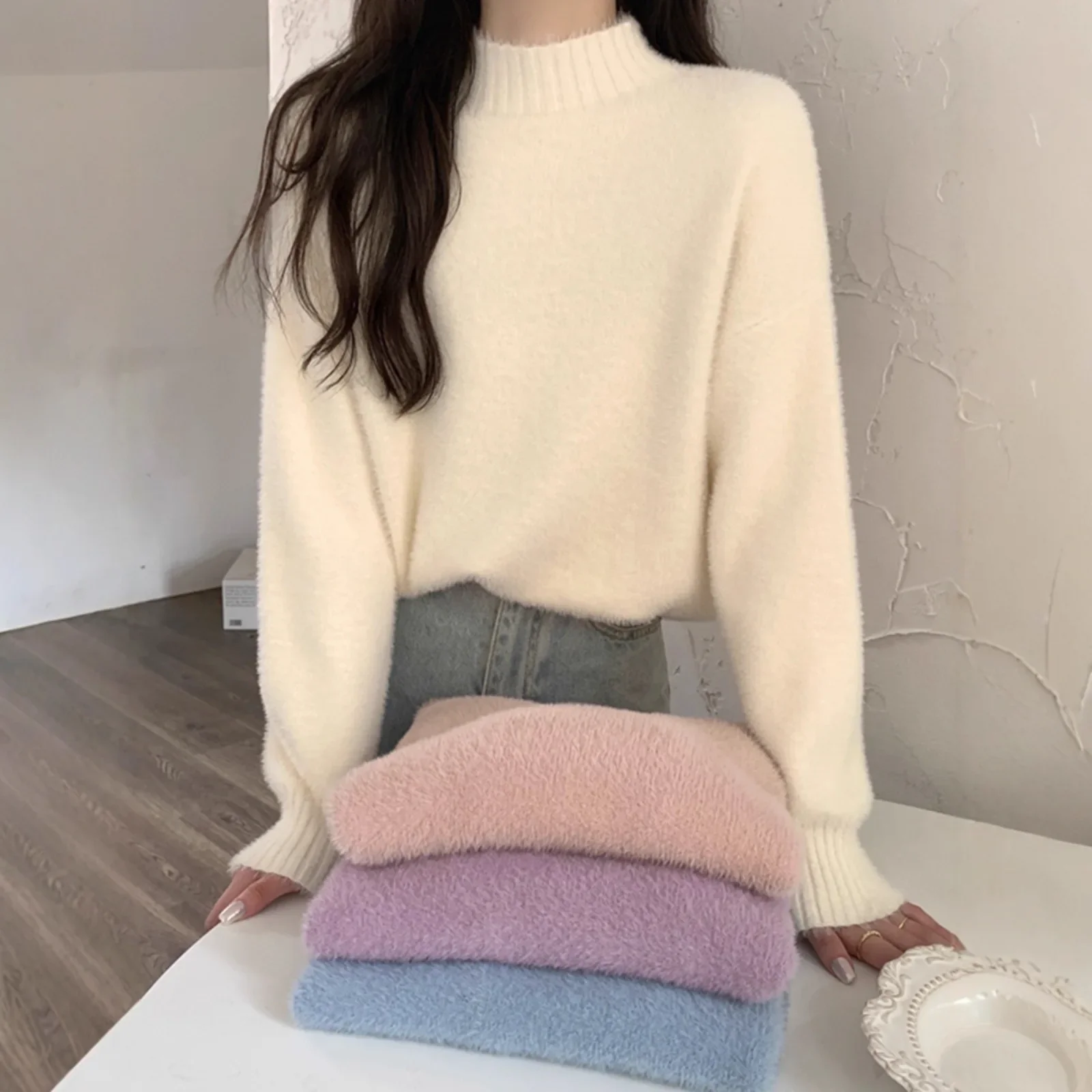 

Loose Knitted Inner Wear Mink Velvet Fleece Lined Thickened Woolen Sweater Women's Fashionable Warm Winter Half-High Collar