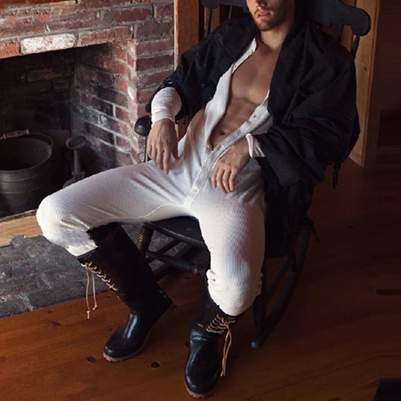 Spring Men Sexy One-piece Pajamas Long Sleeve Solid Color O Neck Tight Jumpsuits Comfortable Homewear Daily Button-down Rompers