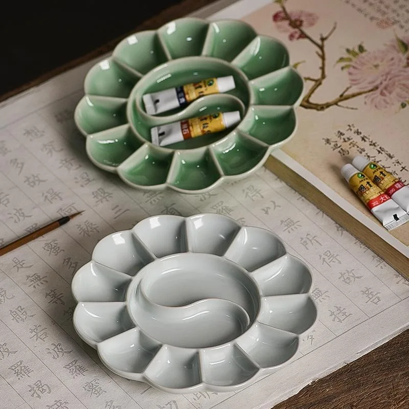 14 Well Chinese Style Ceramic Palette 16x2.2cm Easy To Clean Acrylic Watercolor Gouache Oil Painting Color Mixing and Adjustment