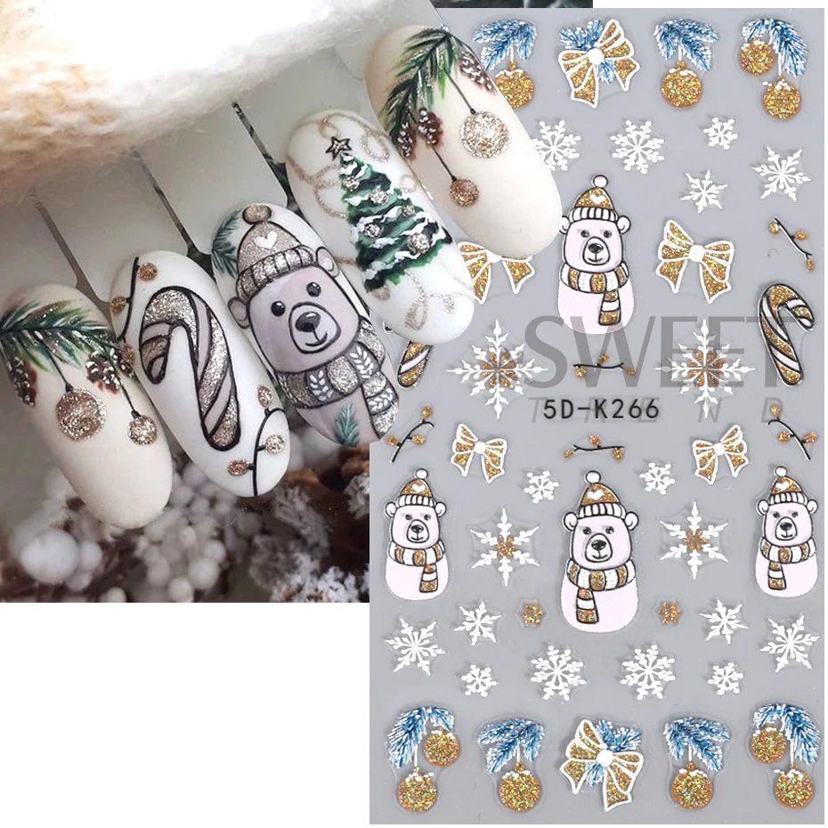 5D Glitter Christmas Embossed Nail Stickers Gold Silver Snowflake Gonk Bear Lantern Cane Winter Xmas Engraved Nail Decoration