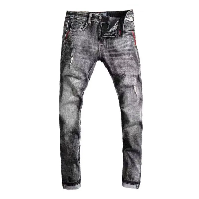 Fashion Vintage Men Jeans High Quality Retro Black Stretch Slim Fit Ripped Jeans Men Embroidery Designer Denim Pants Hombre
