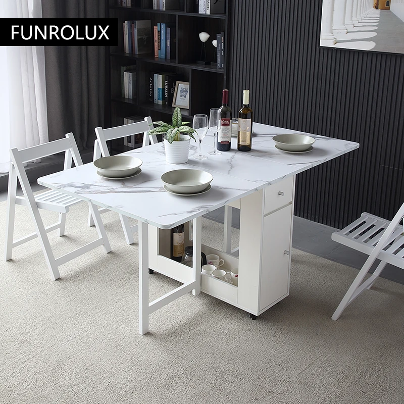 Folding Dining Table with Rack and 2 Storage Drawers, Movable Extendable Space Saving Kitchen Table in 3 Forms