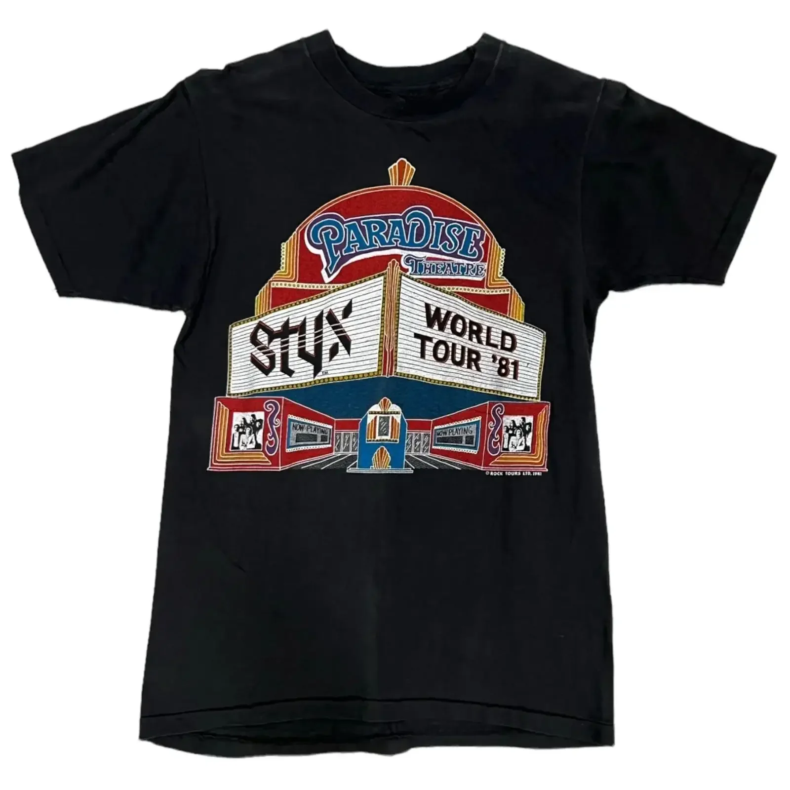 T-shirt noir S 234XL de la marque Hot Styx World 81 Paradise Theatre, le meilleur modèle C263 vintage lavé pour un usage quotidien, mode unisexe