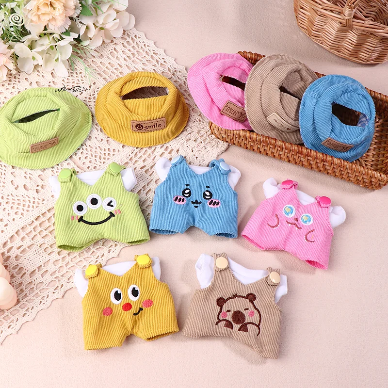 Voor 17 cm Labubu Poppenkleertjes Accessoires Leuke Mini Wit Shirt Hoed Dier Overalls Set Pluche Poppen Veranderen Kleding Geschenken