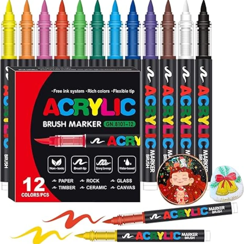 Marqueurs de peinture acrylique à pointe pinceau souple, stylos de peinture acrylique pour bois, pierre, toile, verre, tissu, œufs, roches, fournitures d'art et de bricolage