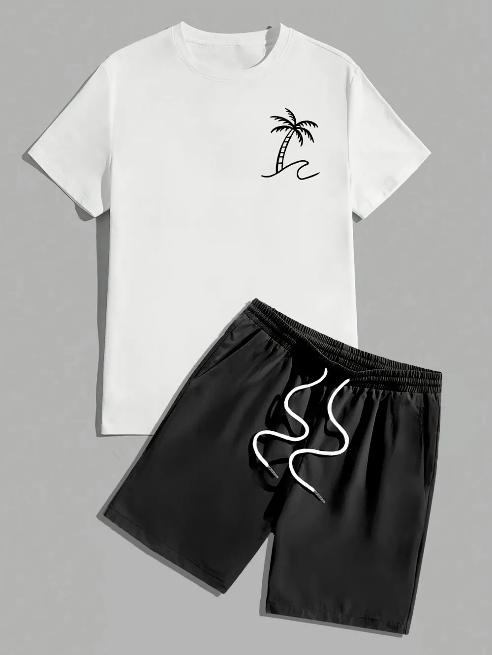 

Hot selling men's summer coconut tree print comfortable and breathable round neck T-shirt shorts set outdoor vacation suit