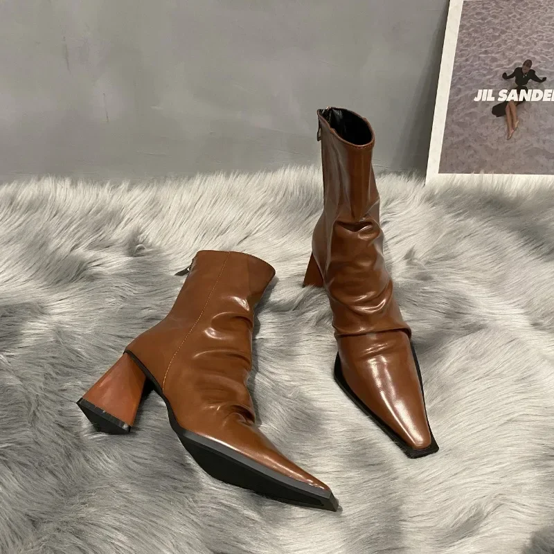 2024 Autumn and Winter New Pointed Toe Slim Back Zipper Bootie Women\'s Block Heel Versatile Folded High Heel Fashion Pile Boots