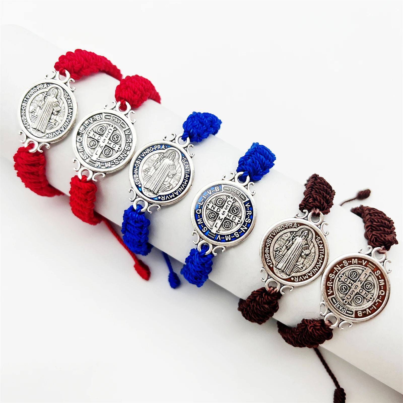 

2Pcs/Set Antique Silver Plating Big Medal San Benito Bracelets Handmade Red Black Blue Braided Protection Bracelets