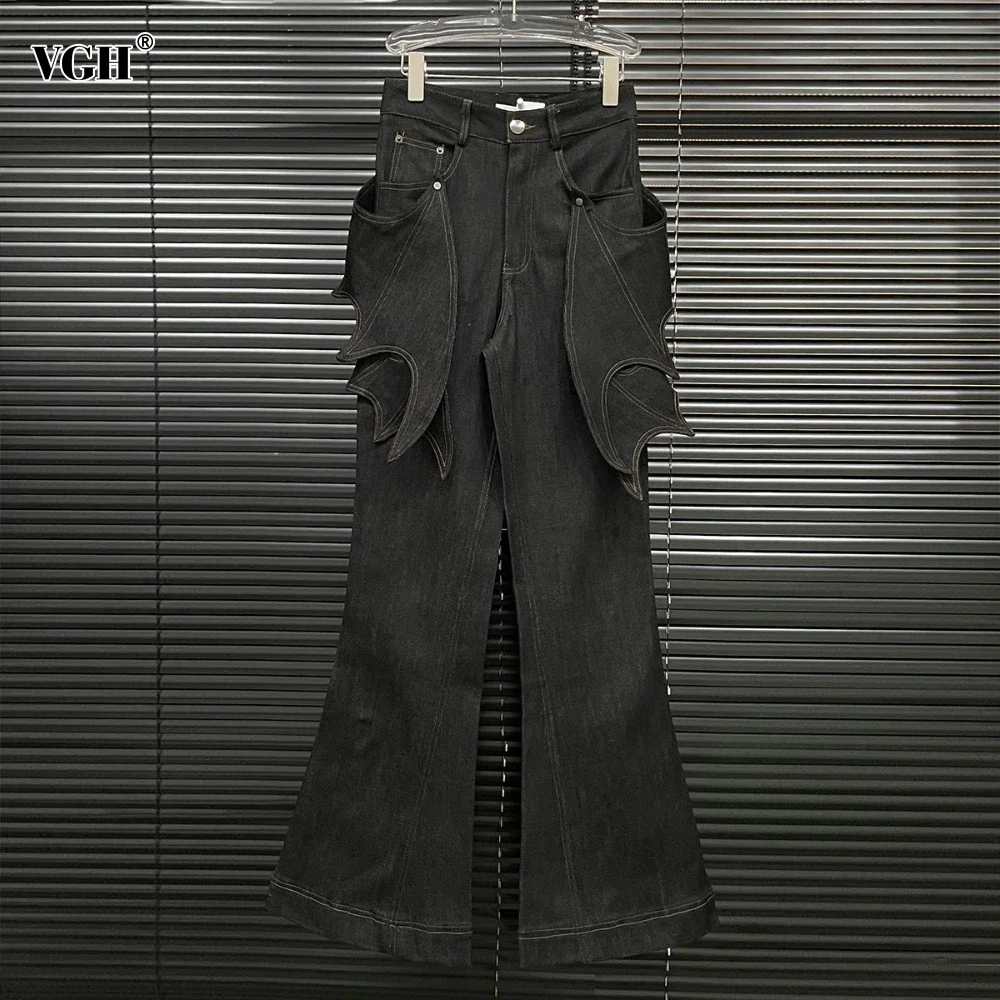 VGH Streetwear Bat Design Jeans for Women High Waist Spliced Pockets Retro Casual Flare Pant Female Autumn Fashion Style Clothes