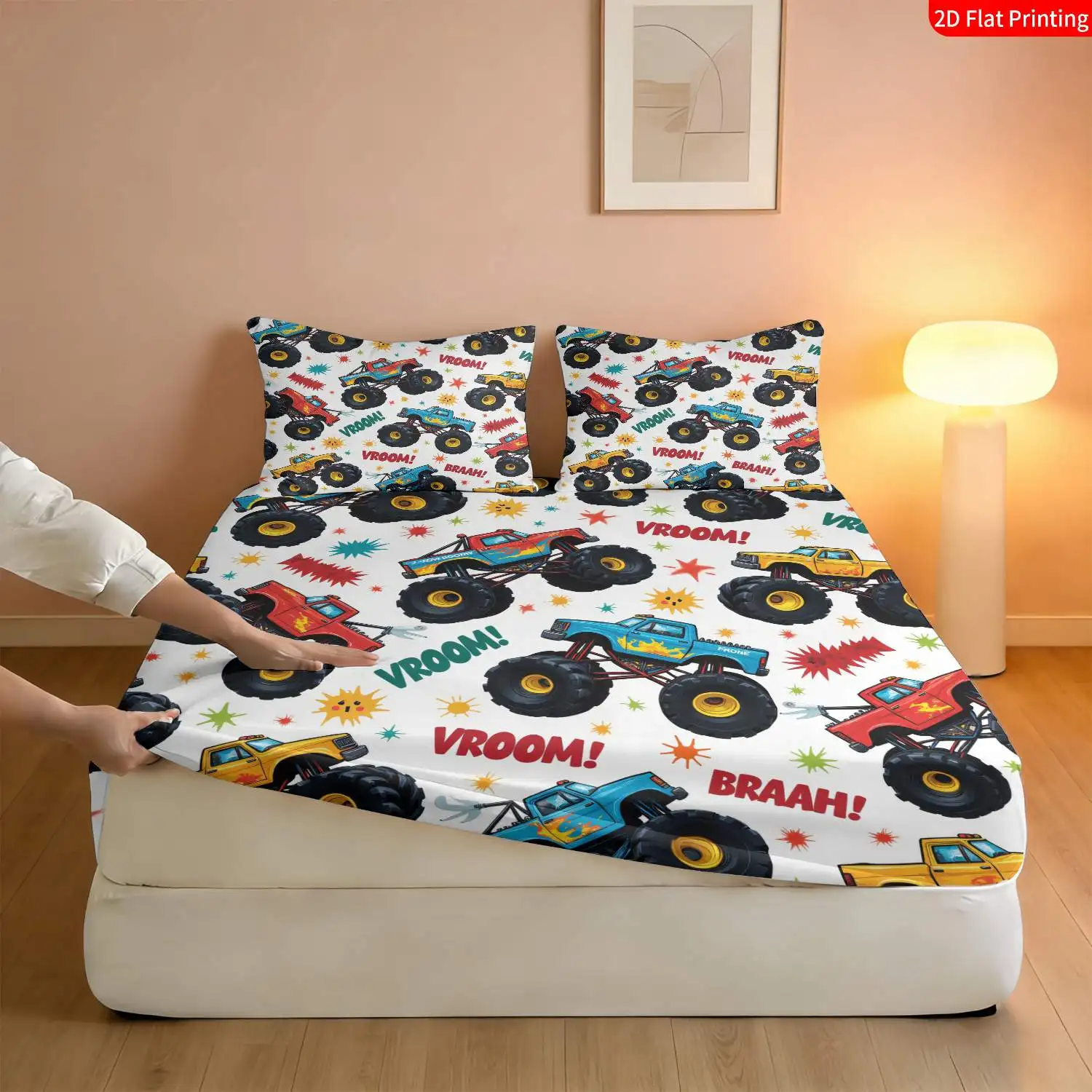Christmas 2D Digital Print Three-Piece Bedding Set (includes 1 fitted sheet + 2 pillowcases) Mattress Protector, Fitted Sheet Style with Elastic, Protective Cover, Mattress Protector, Cartoon Monster Truck, Breathable Polyester