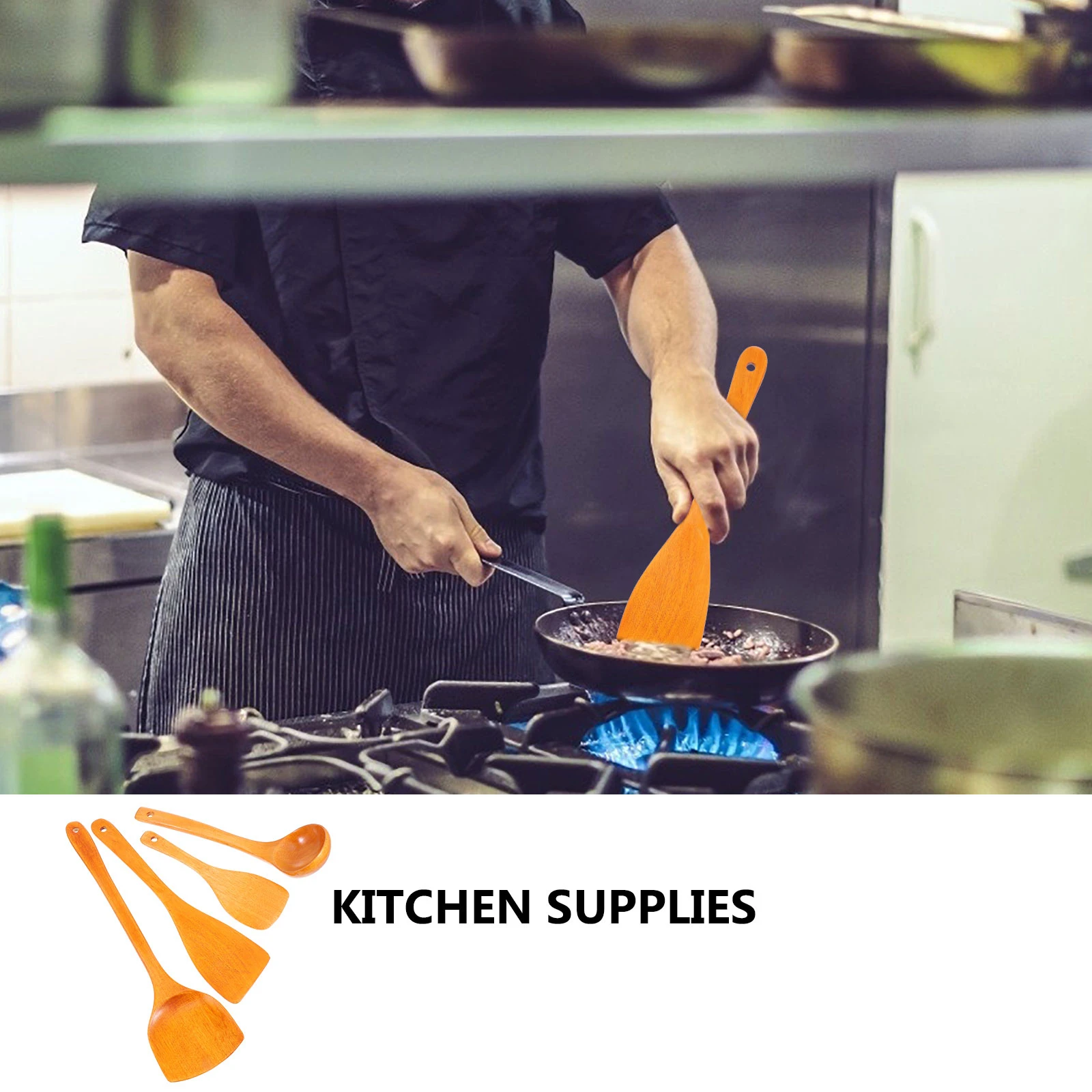 

4 pcs Wooden Kitchen Utensil Set Soup Ladles Spatulas Stirring Cookware Hanging Storage Home Hotel Restaurant Use Wood